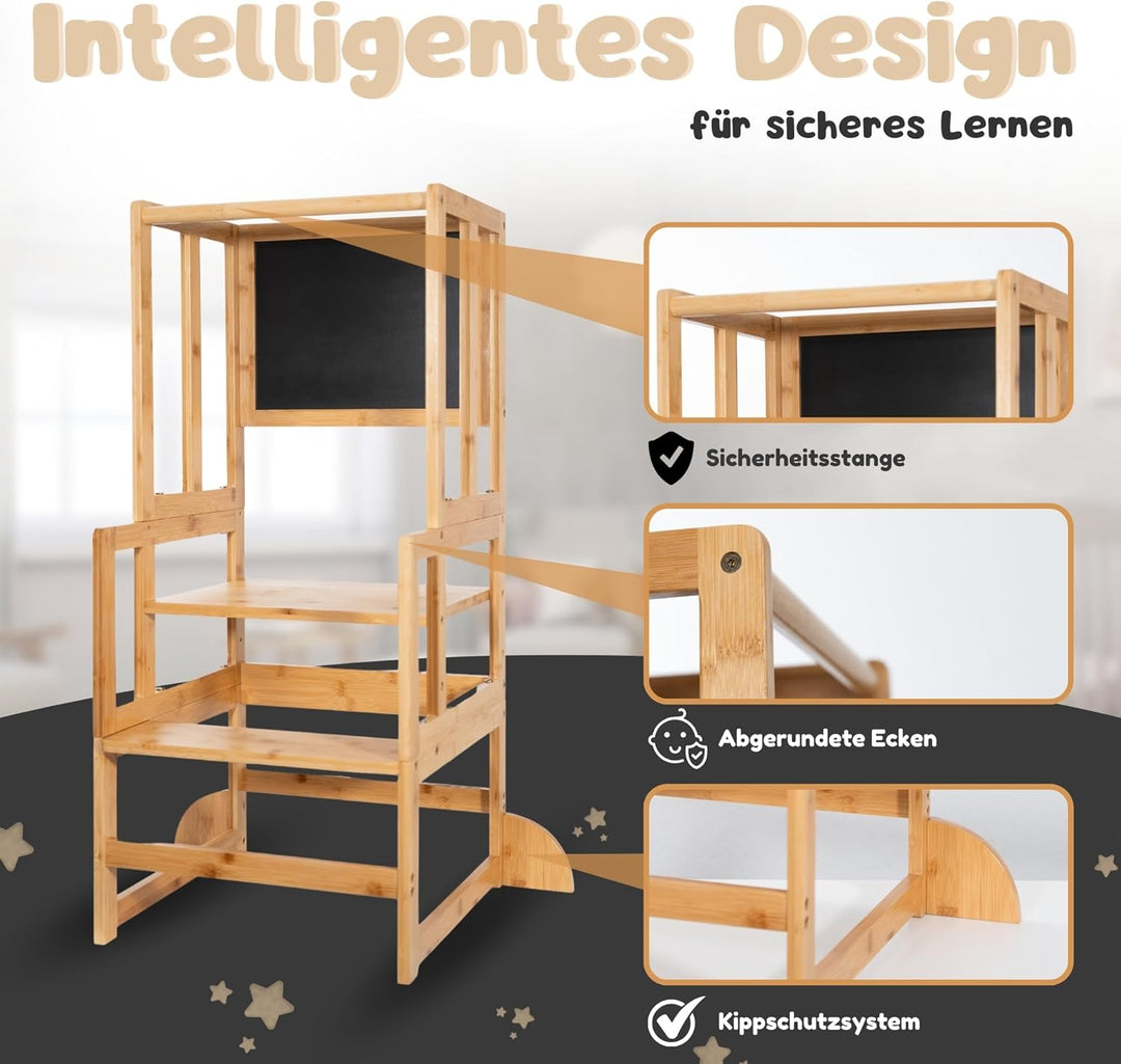 Montessori Lernturm ab 1 Jahr – Lernturm klappbar aus Bambus, 3 in 1 Learning Tower mit Tafel, höhen
