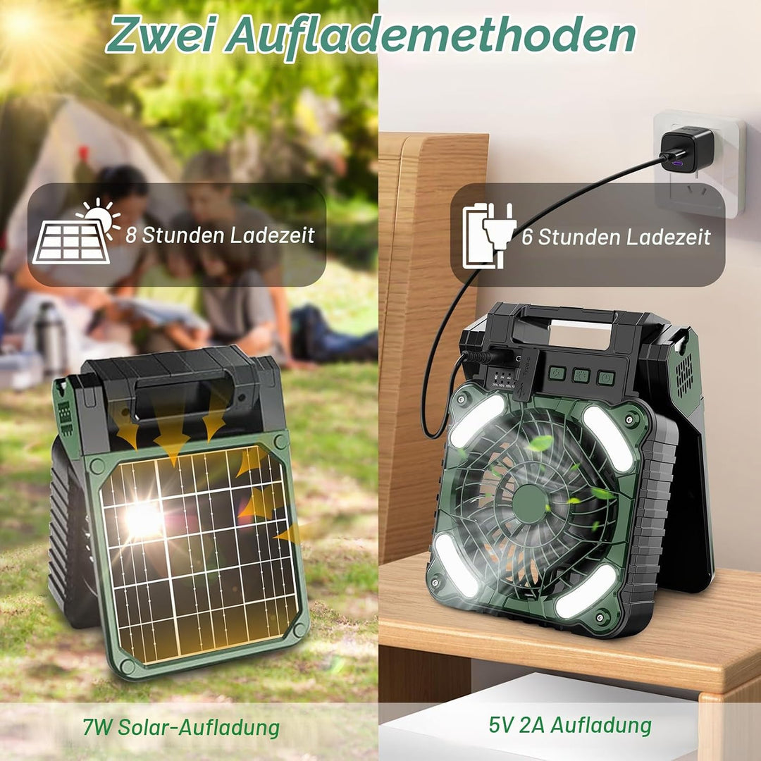Camping Ventilator mit Akku 10400mAh, Solar Ventilator Outdoor mit LED-Licht, 4 Geschwindigkeiten Tr
