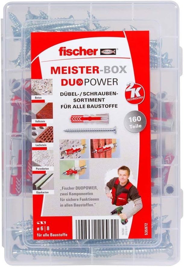 fischer RED-BOX DUOPOWER + Schrauben, Sortimentbox, 280-teilig mit Dübel in verschiedenen Grössen, v