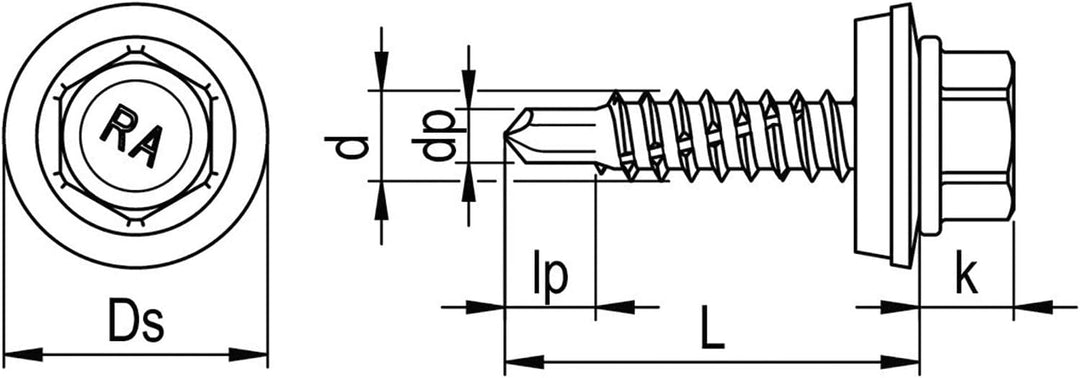 RP-r-3H, REFABO Plus Bohrschraube 4.8x22/Dichtscheibe 14mm Bi-Metall A2