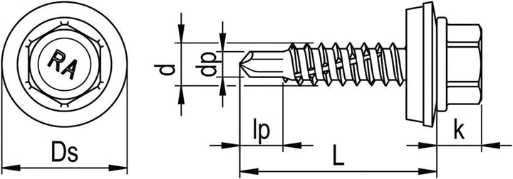 RP-r-3H, REFABO Plus Bohrschraube 4.8x22/Dichtscheibe 14mm Bi-Metall A2