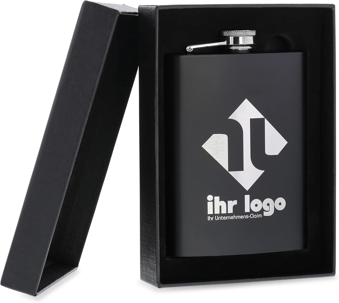 gravur-fabrik.de – personalisierbarer Flachmann in schwarz aus Edelstahl – Taschenflasche mit Wunsch