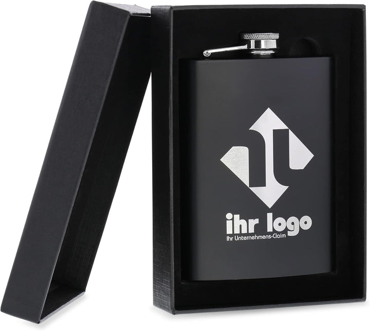 gravur-fabrik.de – personalisierbarer Flachmann in schwarz aus Edelstahl – Taschenflasche mit Wunsch