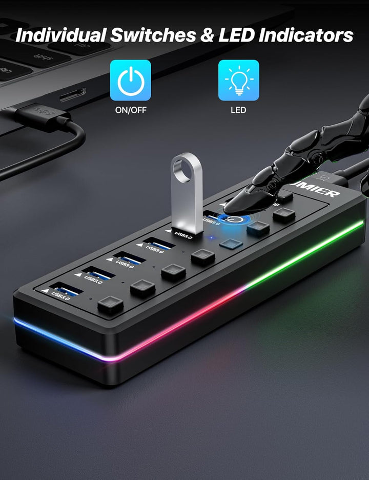 USB-Hub mit 7 Anschlüssen, USB 3.0-Hub mit RGB-LED-Streifen individuelle LED-EIN/Aus-Schalter für La
