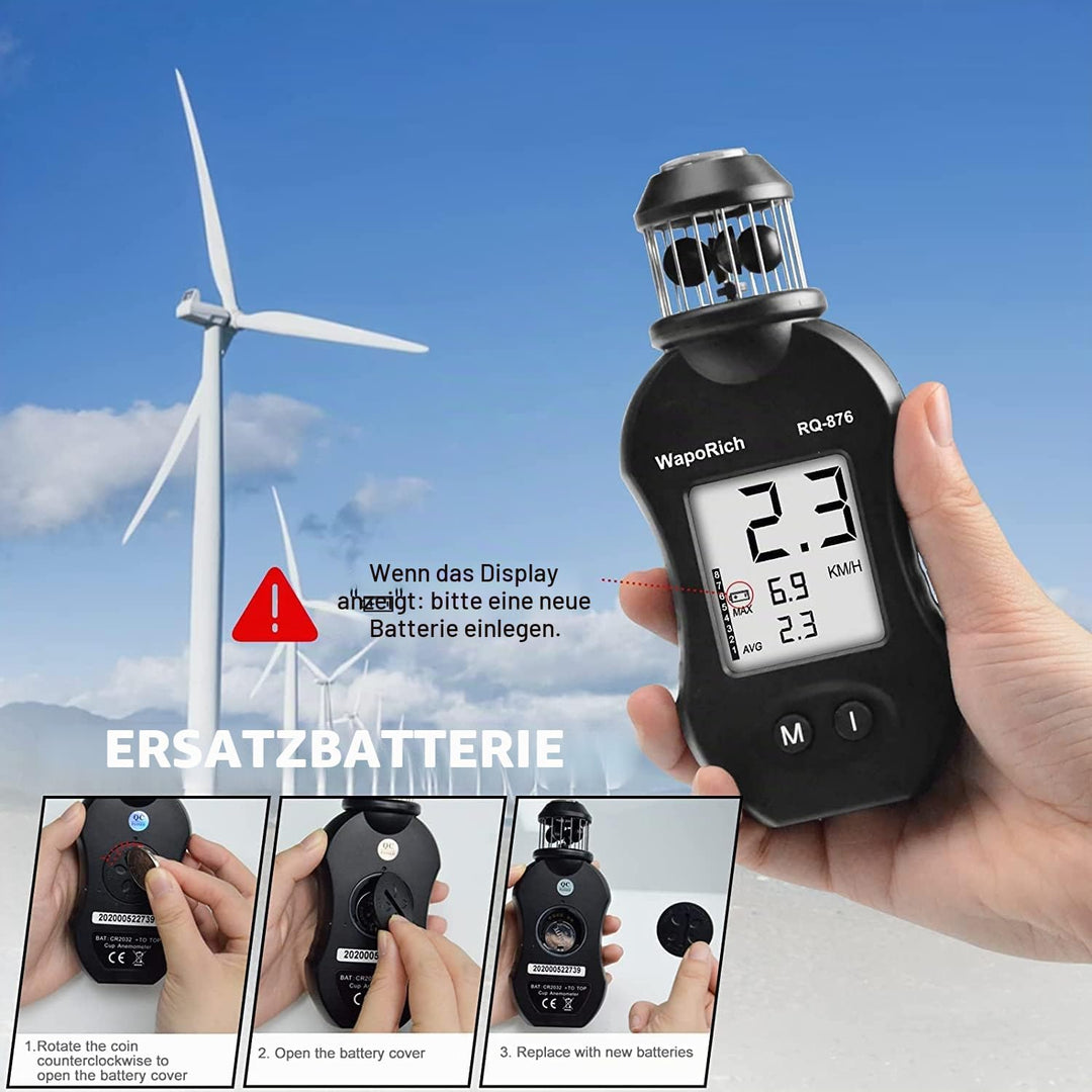 WapoRich Mini Windmesser, 360° Cup-Anemometer Handheld Windmessgerät misst Windgeschwindig 0,7–42 m/