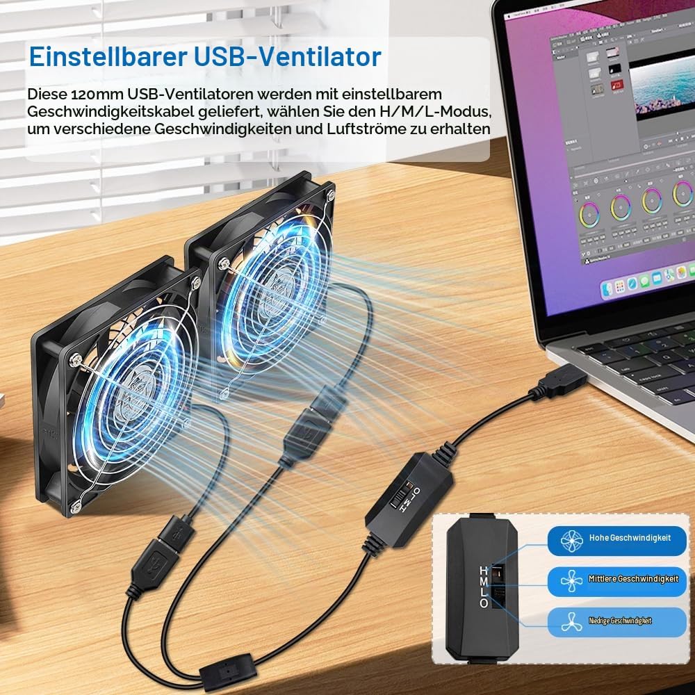 GDSTIME 2 x 120 USB Lüfter mit 3 Einstellbare Geschwindigkeiten 120mm PC Fan USB Ventilator für Chas