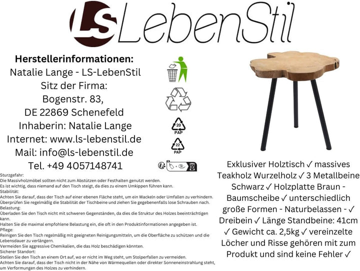 LS-LebenStil Beistelltisch Couchtisch Teakholz 44cm Hocker Braun Schwarz Massivholz Braun - Schwarz