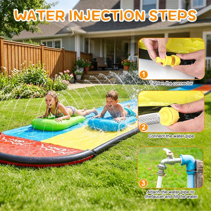 610cm/20ft Wasserrutsche Garten für Kinder, Wasserrutschmatte mit 2 Bodyboards, Doppelrutsche mit ei