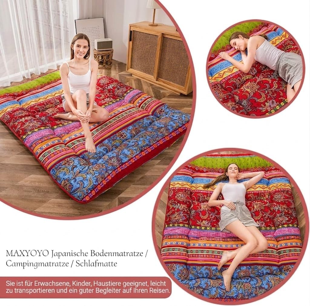 MAXYOYO Böhmische Retro-Bodenmatratze, Vintage-Blumenmuster, japanische Futon-Matratze, aufrollbar,