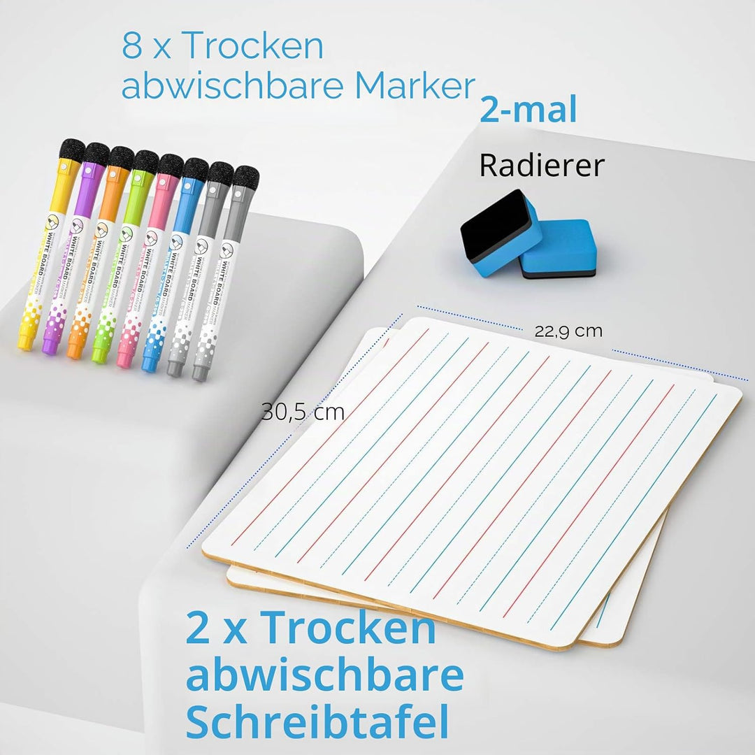 Nicpro 2 Stück Whiteboard Klein A4, Doppelseitiges Desktop Schreibtafel Liniert mit 8 Bunte Stifte,