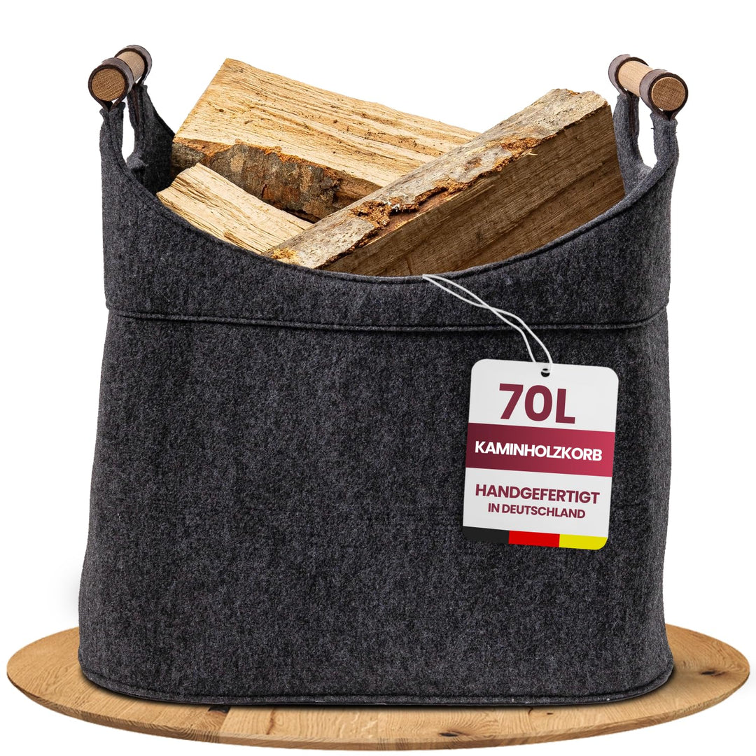 Filz Holzkorb für Kaminholz Gross [40 L] mit Echtholzhenkeln (Eiche) Plegeleichter Boden - Made in G