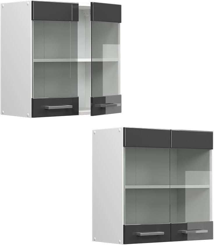 Vicco Küchenschrank Glas R-Line, Anthrazit Hochglanz/Weiss, 60 cm Anthrazit Hochglanz Hängeglasschra
