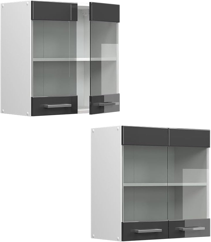 Vicco Küchenschrank Glas R-Line, Anthrazit Hochglanz/Weiss, 60 cm Anthrazit Hochglanz Hängeglasschra