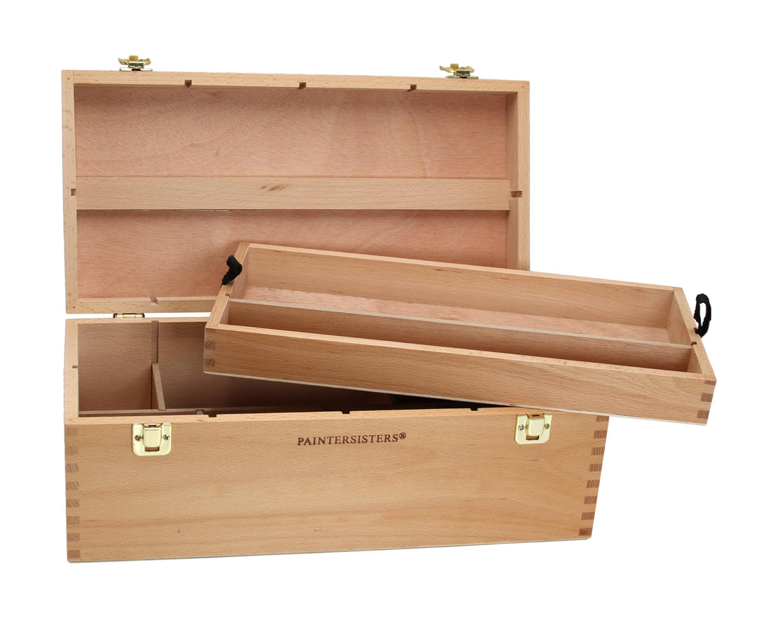 Paintersisters XL-Utensilienkoffer, Malkoffer, Malbox, Pinsel Schatulle Holz, Werkzeugkiste, Aufbewa