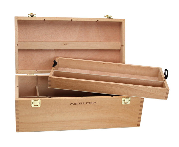 Paintersisters XL-Utensilienkoffer, Malkoffer, Malbox, Pinsel Schatulle Holz, Werkzeugkiste, Aufbewa