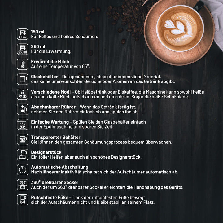 Lauben Glass Milk Frother 600BG, Milchaufschäumer mit Glasbehälter für kaltes und heisses Aufschäume
