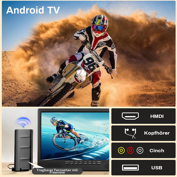 DESOBRY 18 Zoll Smart TV Android, Kleiner Fernseher DVB-T2-Tuner und, 1080p Tragbarer Outdoor Fernse