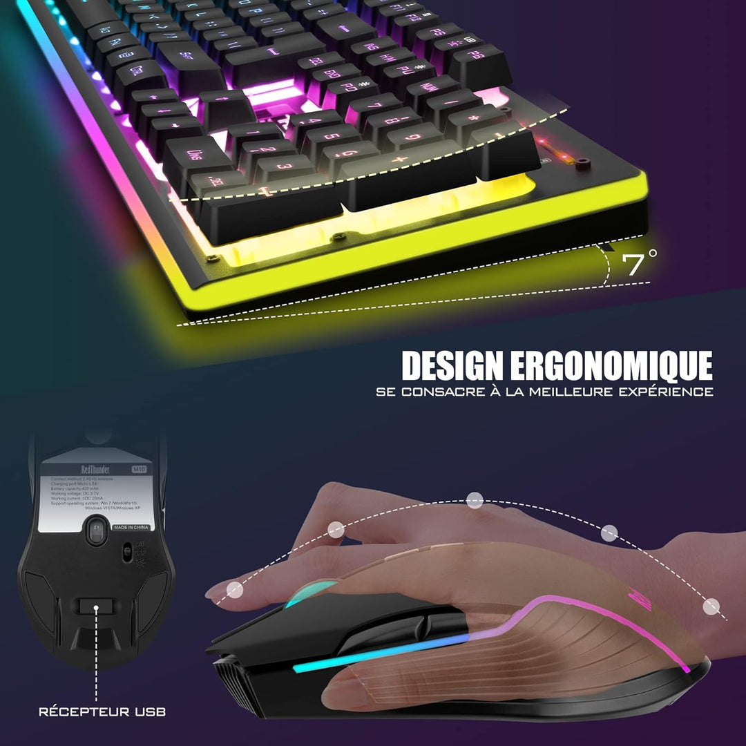 RedThunder K10 Tastatur und Maus kabellos, AZERTY FRANZAIS, Schwarz