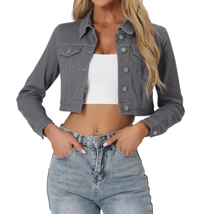 Allegra K Damen Jeansjacke Langarm Umlegekragen Knopfleiste Crop Denim Jacke M Grau, M Grau