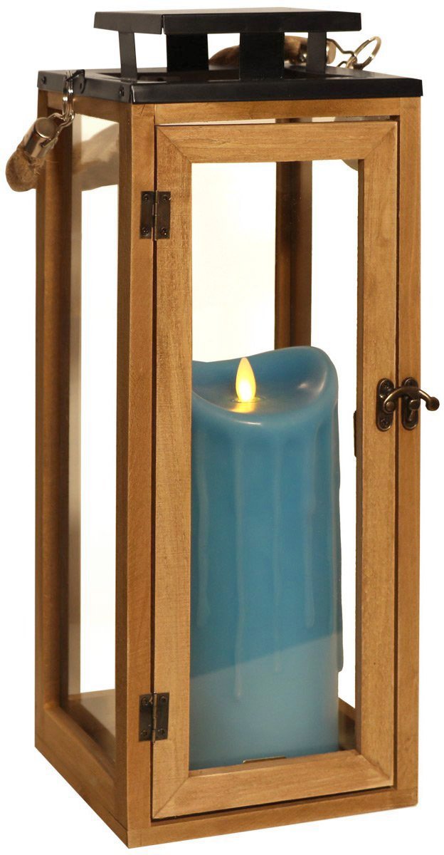 Dekovita 42cm Holz-Laterne - Gartenlaterne inkl. 23m LED Echtwachs-Kerze Blau Wachstropfen mit 5h-Ti