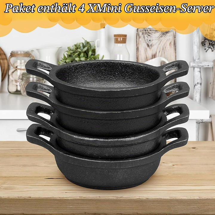 4 teilig Mini Gusseisen Grillpfännchent, Kleine Gusseisenpfanne mit Griff Ø 10cm Rund Servierpfanne,