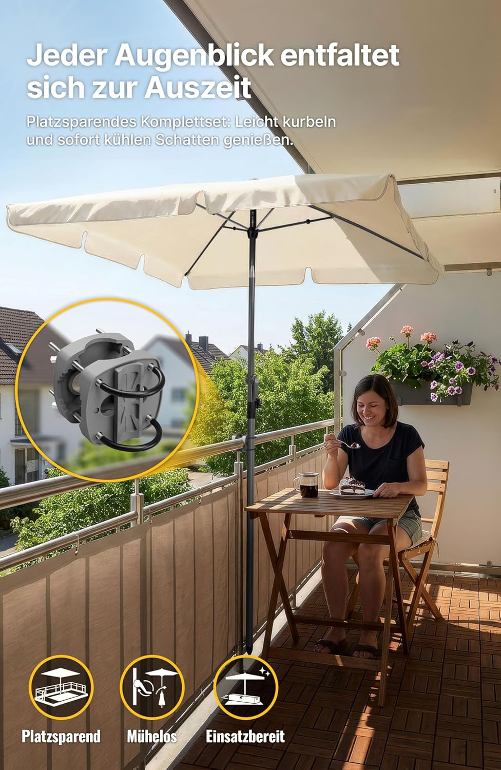 4smile SunnyShade Sonnenschirm Balkon mit Halterung im 3-er-Set, UV 50+, 200x125 cm, Beige, für Balk