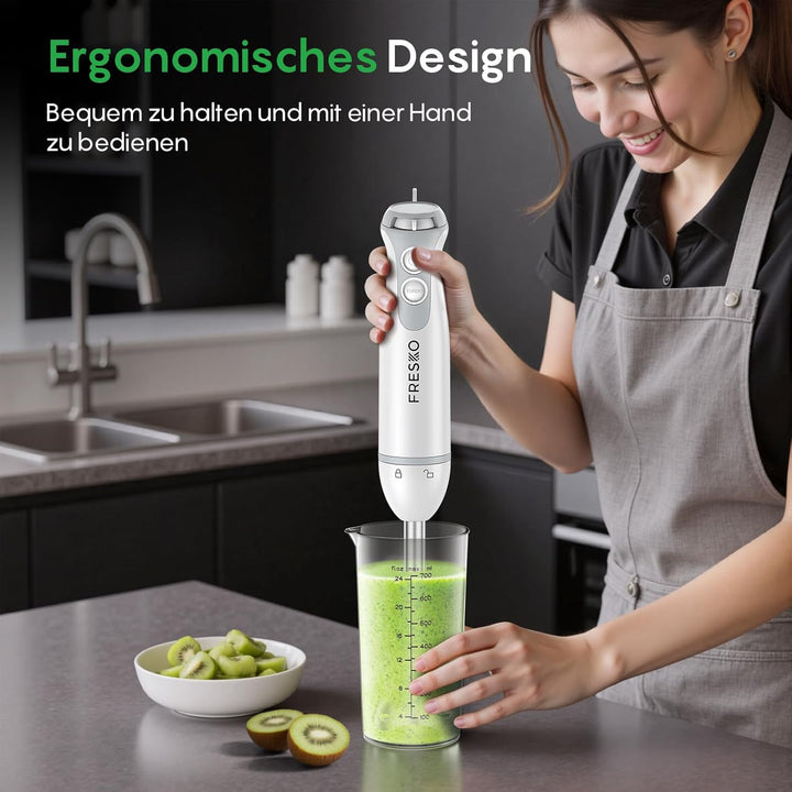 FRESKO 4-in-1 Stabmixer, 1000W Pürierstab Edelstahl, 12 Geschwindigkeiten und Turbo, inkl. 500ml Leb