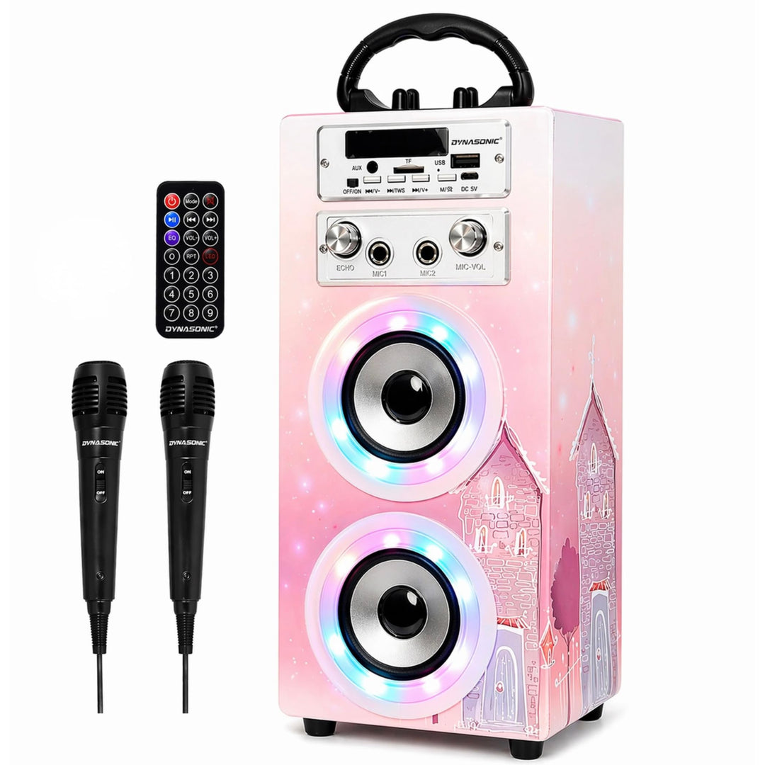 DYNASONIC Karaoke mit 2 Mikrofonen, tragbarer Karaoke-Maschine, Bluetooth-Lautsprecher, USB- und SD-
