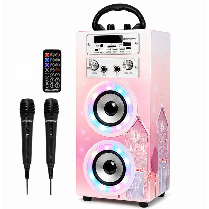 DYNASONIC Karaoke mit 2 Mikrofonen, tragbarer Karaoke-Maschine, Bluetooth-Lautsprecher, USB- und SD-