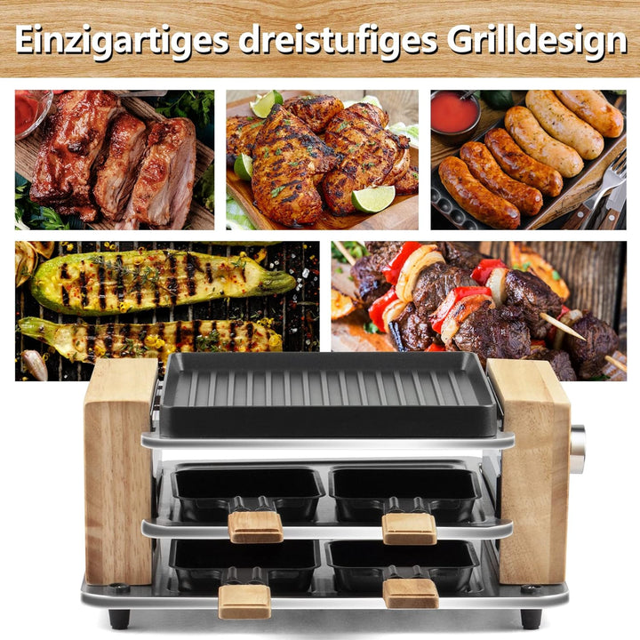 COKLAI Raclette Grill 4 Personen mit antihaftbeschichteter Gestreifte Grillplatte, mini Grill Raclet