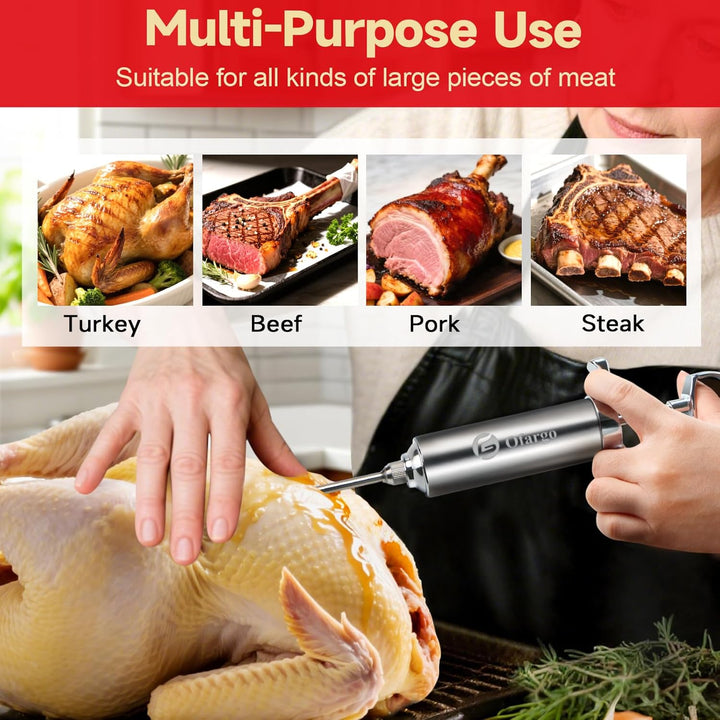 Ofargo Fleischspritze aus 304-Edelstahl, mit 4 Marinadennadeln und Reiseetui für Grill, Räuchern, 57