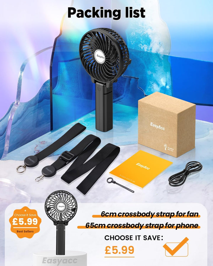EasyAcc Handventilator Tragbarer Mini Lüfter Elektrischer USB Ventilator mit Aufladbarem Akku Faltba
