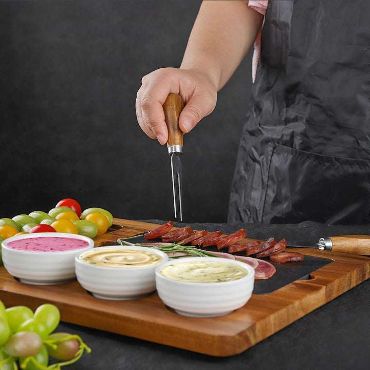 Servierplatte aus Akazienholz mit 3 Keramikschale, Rustikale Käseplatte, Steakplatte, Grillplatte, S