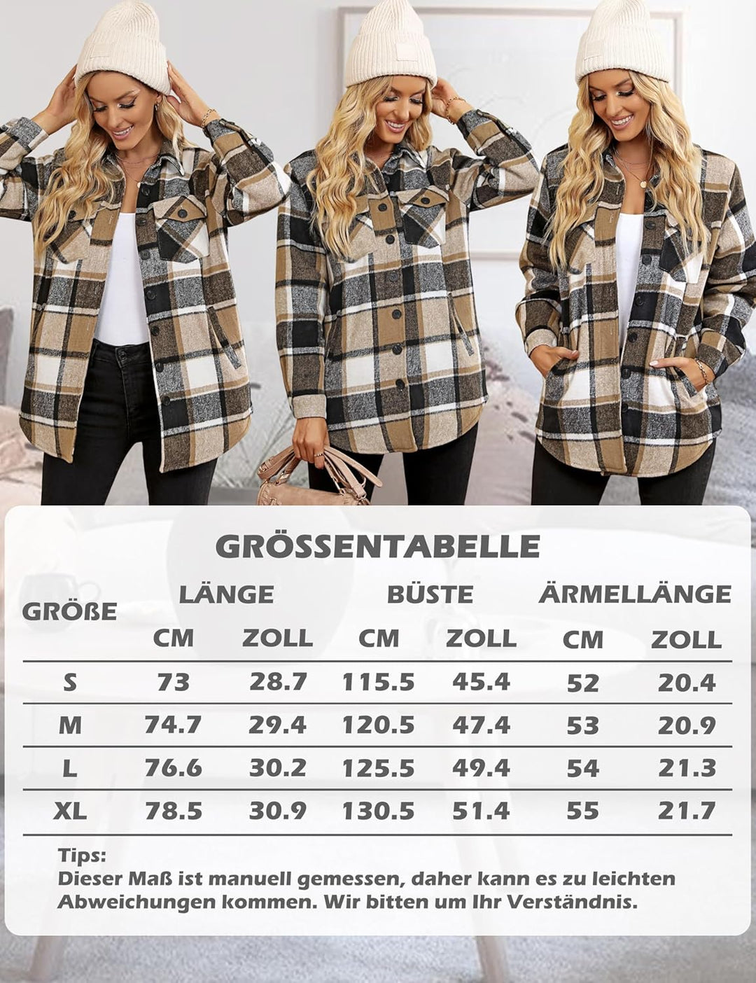 Timuspo Damen Flanell Karierte Hemdjacke Lange Ärmel Baumwolle Revers Button-Down-Bluse Shacket Mant