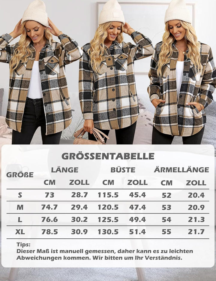 Timuspo Damen Flanell Karierte Hemdjacke Lange Ärmel Baumwolle Revers Button-Down-Bluse Shacket Mant