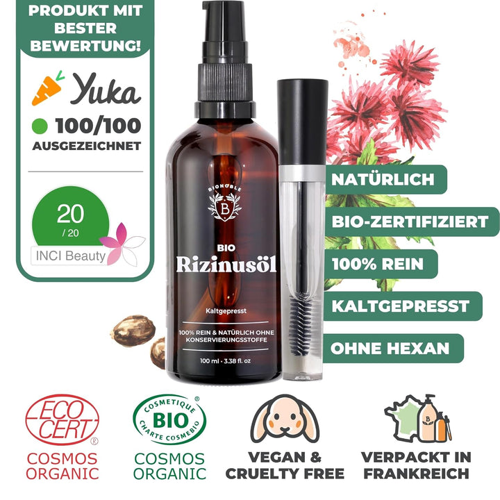BIONOBLE Rizinusöl Kaltgepresst Bio + Mascara-Kit, 100% Natürlich - Wachstumsfördernd, Repariert - R