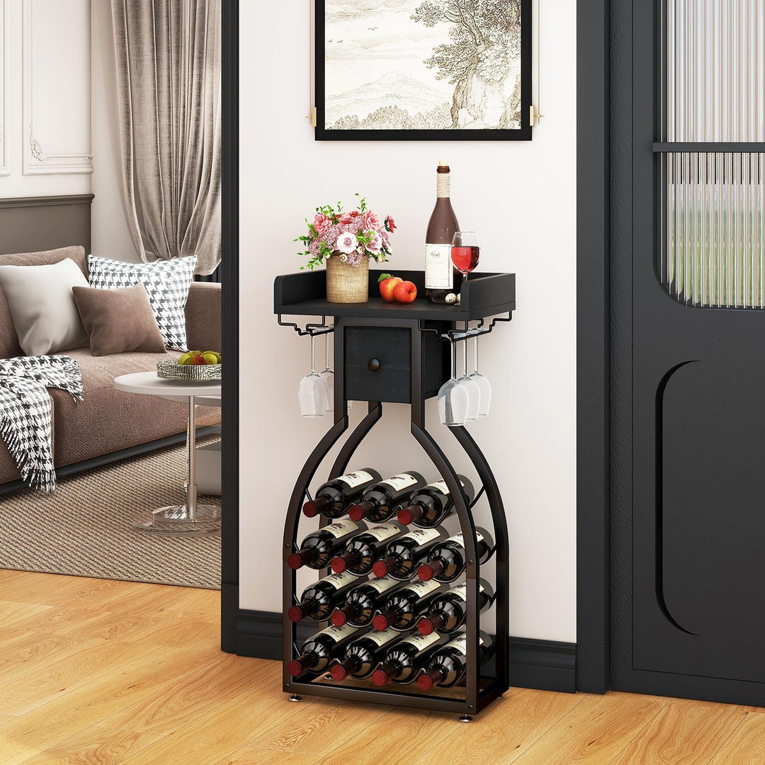 IBUYKE Weinregal Freistehend für 15 Flaschen,Flaschenregal mit Glashaltern und Speicher Schublade,Mi