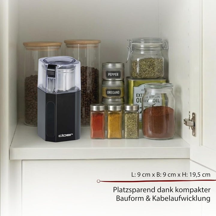 Cloer 7580 Elektrische Kaffee-und Gewürzmühle, 200 W, für Pesto, Nüsse und Getreide, bis zu 70 g Kaf