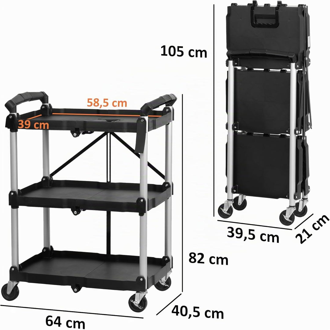 Mahlzeit Faltbarer Servierwagen mit Rollen | 64 x 40,5 x 82 cm, Bis zu 150 kg Belastbar | Schwarz |
