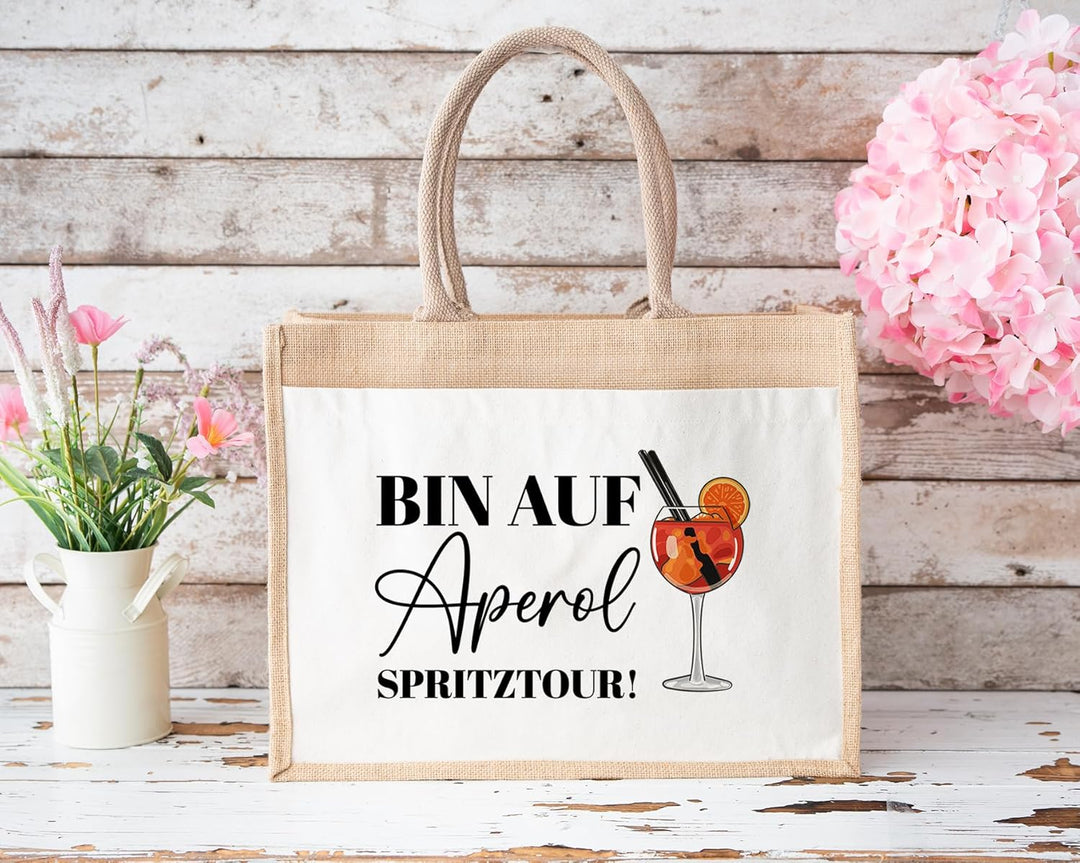 LIEBTASTISCH - Nachhaltige Jutetasche - Ich bin auf Aperol Spritz Tour - hochwertig - Einkaufstasche