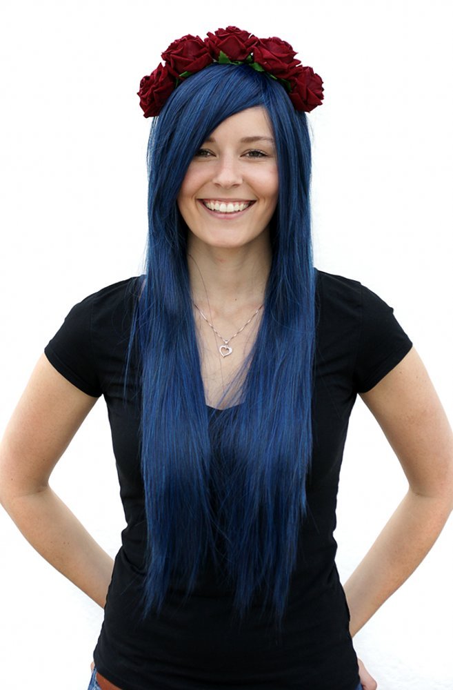 Prettyland 80cm Glatt Theater lange Perücke Dunkel Blau (schwarz Blau Gemischt Gesträhnt) Wig C942 B