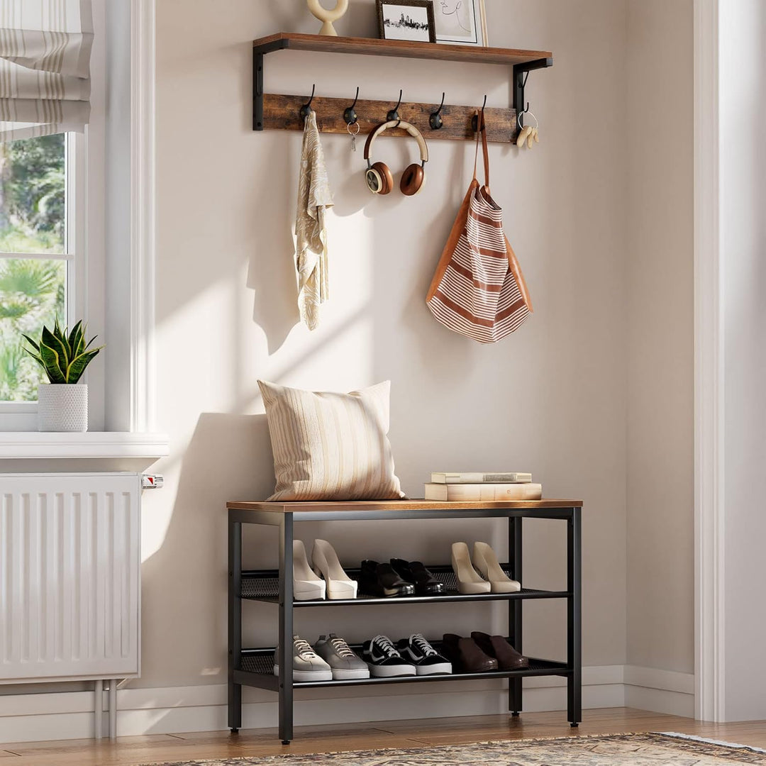 HOOBRO Wandgarderobe, Wandregal mit 7 Haken und Ablage, Hängeregal mit Garderobenleisten, Wandmontag