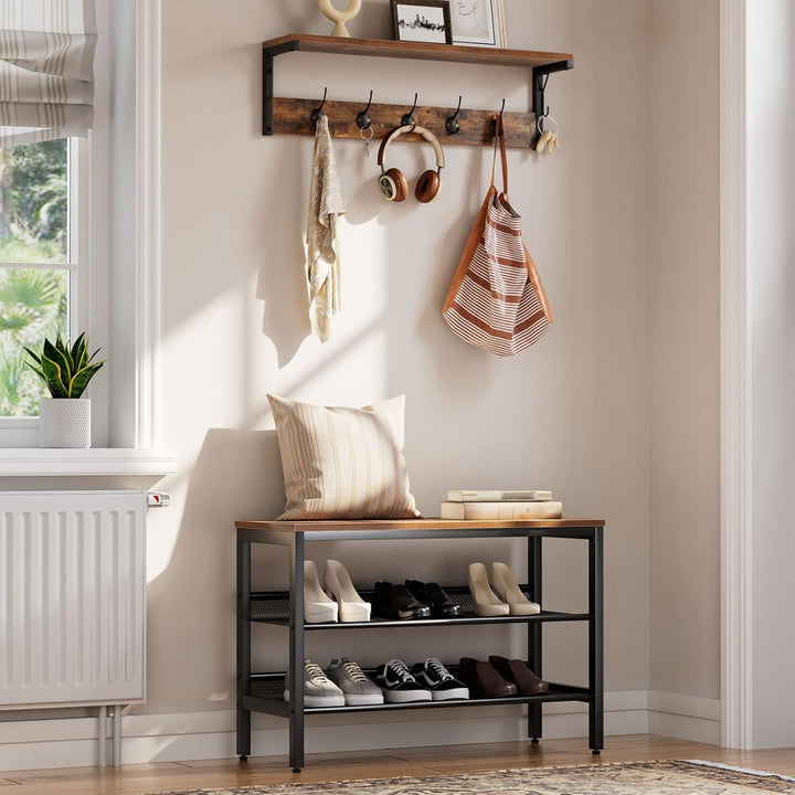 HOOBRO Wandgarderobe, Wandregal mit 7 Haken und Ablage, Hängeregal mit Garderobenleisten, Wandmontag