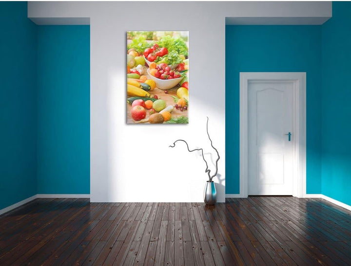Pixxprint Buntes Obst und Gemüse / 100x70cm Leinwandbild bespannt auf Holzrahmen/Wandbild Kunstdruck