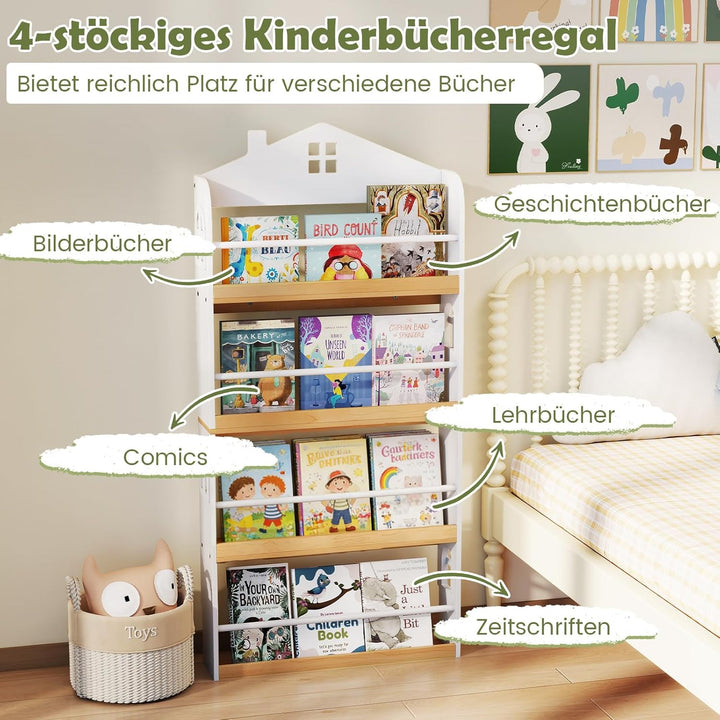 COSTWAY Bücherregal Kinder in Hausform, Kinderregal mit 4 Ablagen & Metallstangen, Wandregal schmal,