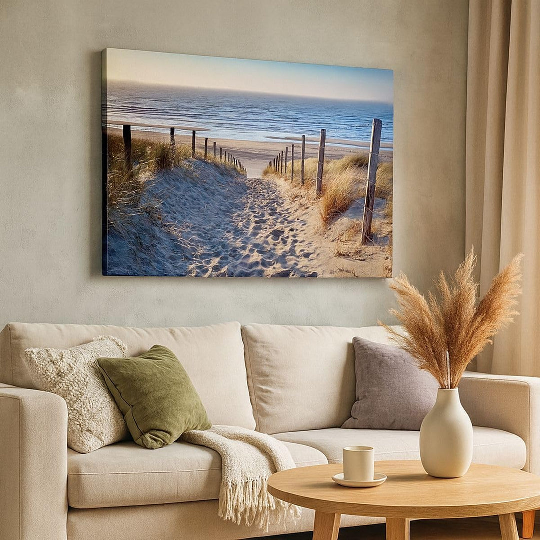 Bilder auf Leinwand 100x70cm Leinwandbild mit Rahmen Meer Strand Düne Gross Wanddeko Bild Schlafzimm