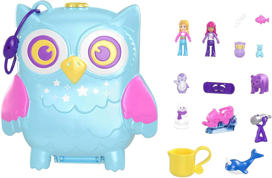 Polly Pocket Pyjamaparty Schnee-Eule - Spielset mit Wasserspass und 2 Teilen mit Farbwechseleffekt,