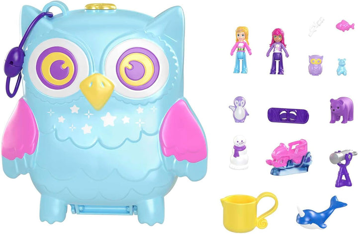 Polly Pocket Pyjamaparty Schnee-Eule - Spielset mit Wasserspass und 2 Teilen mit Farbwechseleffekt,
