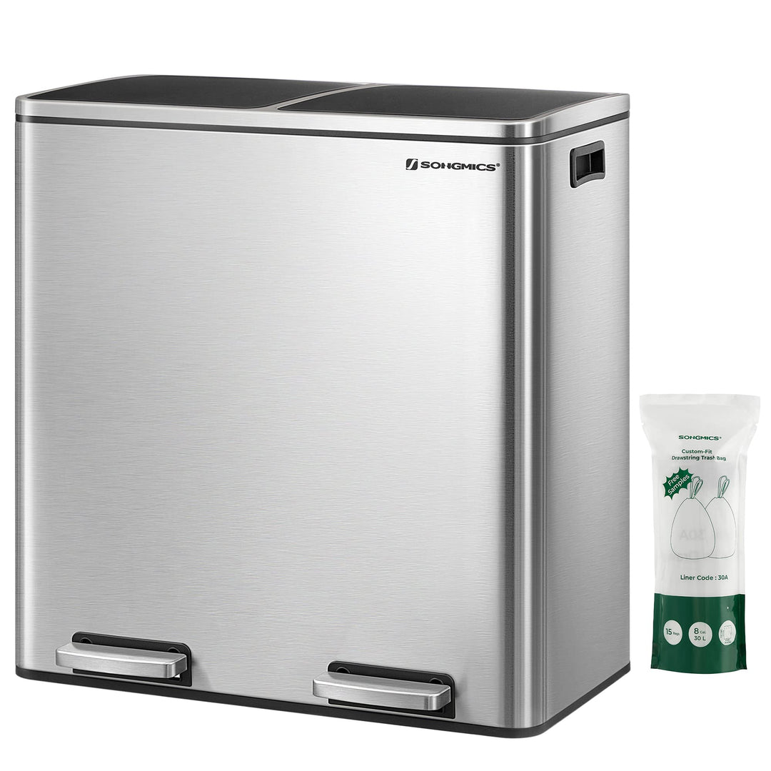SONGMICS Mülleimer, 2 x 30 L, 2 Fächer, Mülltrennsystem, Treteimer, Abfalleimer Küche, 15 Müllsäcke,