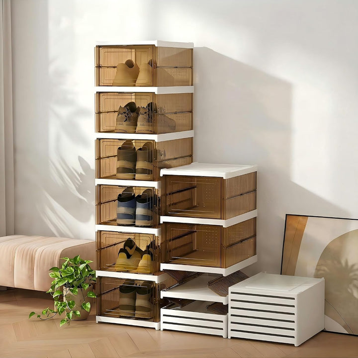 Schuhboxen Stapelbar, 6 Ebenen, Transparent, Faltbar, Dickem Kunststoff, für Sneaker bis Grösse 46,
